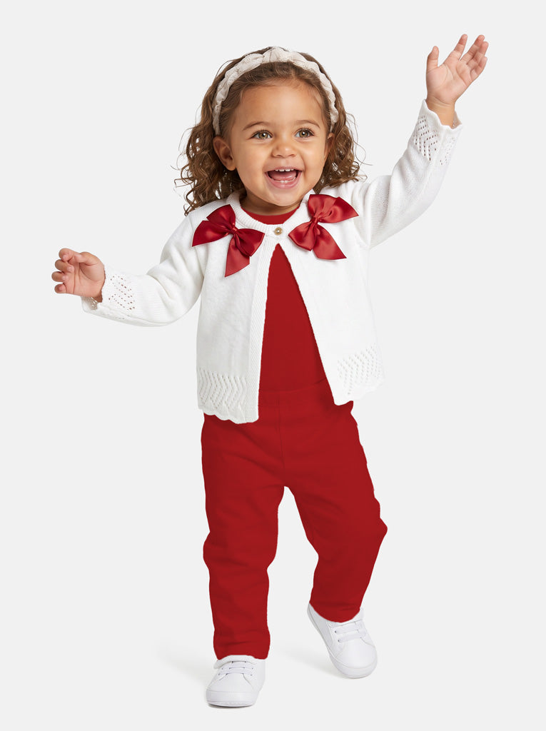 Baby Girl Cardigan with 2 Big Bows - White & Red