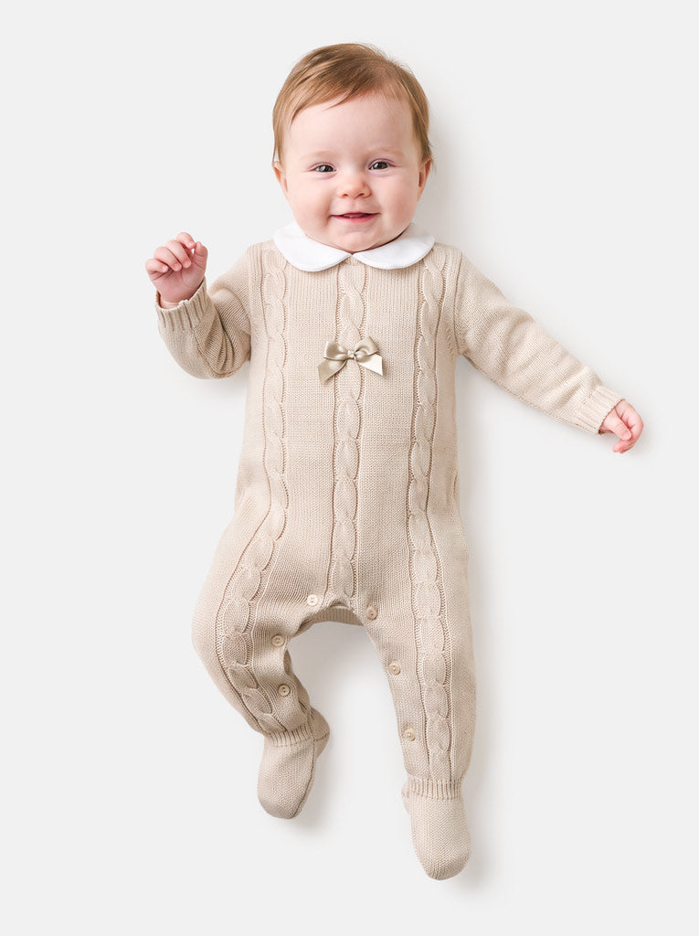 Unisex JIMENA COLLECTION Knitted Baby Grow with Tiny Bow - Beige