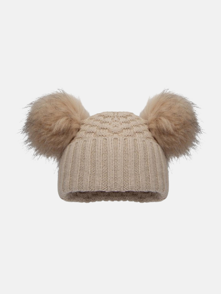 Baby Unisex Deluxe Check Knit Double Pom-pom Hat - Beige
