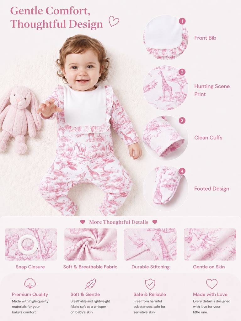 Cotton Baby Grow for Girls with Frilly Bib - Safari Collection - Baby Pink