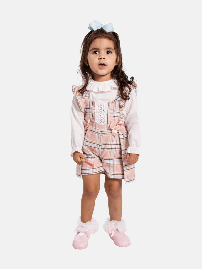 Baby Girl Lace Placket & Bows Tartan Romper Dress-Pink