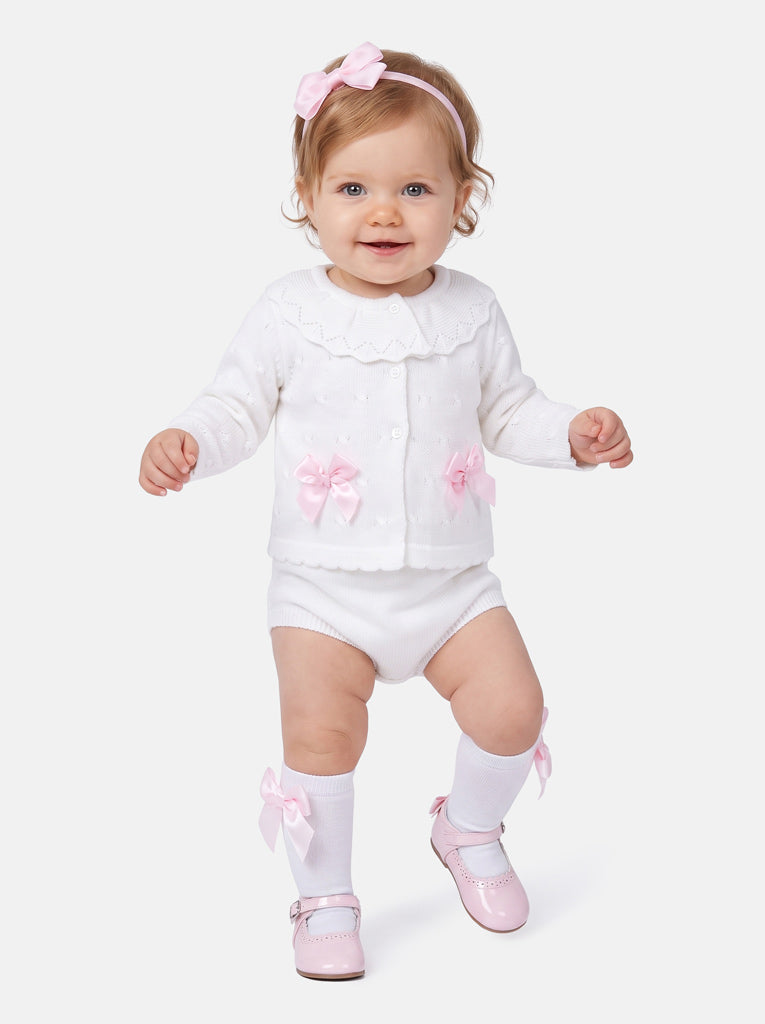 Baby Girl Catarina Collection 2-piece Spanish Knitted Set - White & Baby Pink