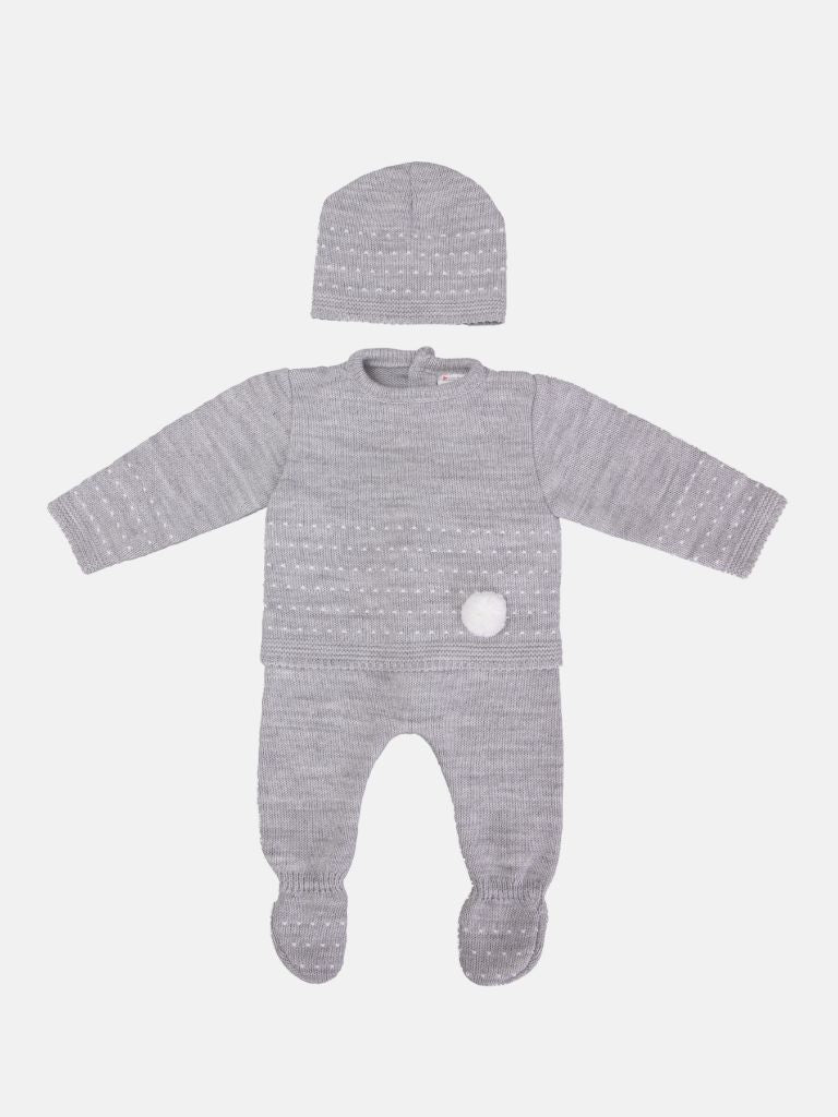 Baby Unisex 3-piece Dotted Line Knitted Gift Box Set with Full Sleeve Top with Pom-pom, Trouser with Booties, and Beanie Hat - Grey