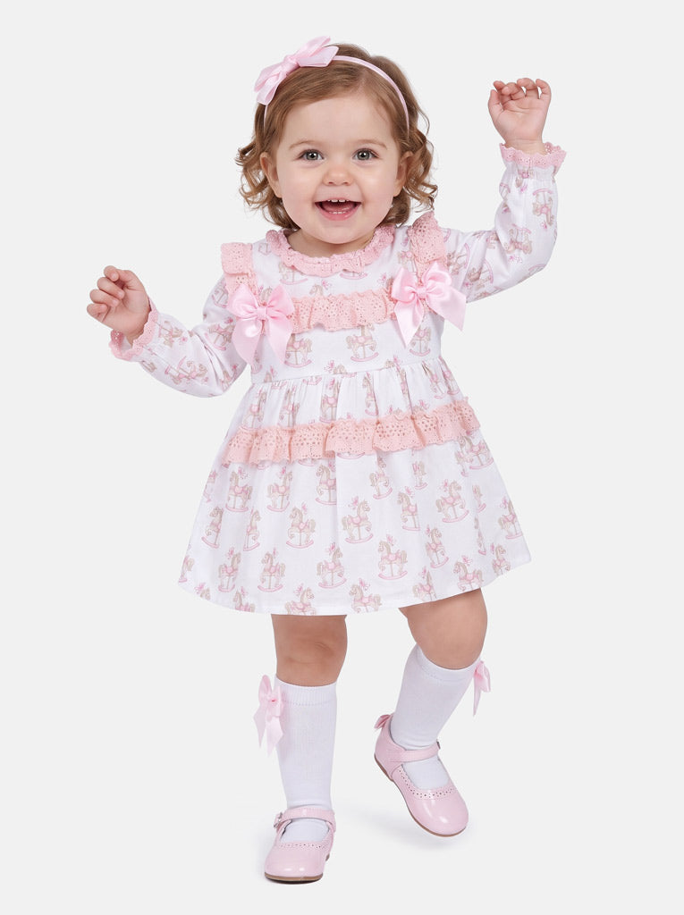 Baby Girl Dress with Bows & Lace - Rocking Horse Collection - Baby Pink