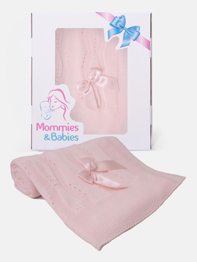 Baby Spanish Delicate Knitted Blanket with Bow - Baby Pink