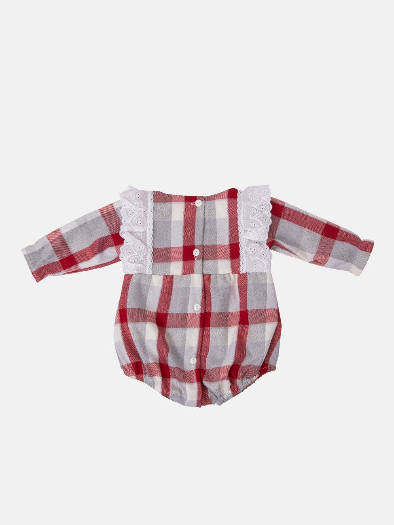 Baby Girl Lace Tartan Spanish Romper Set-Red and Grey