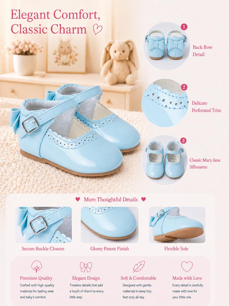 Baby Girl M&B Shoes with Back Bow - Baby Blue