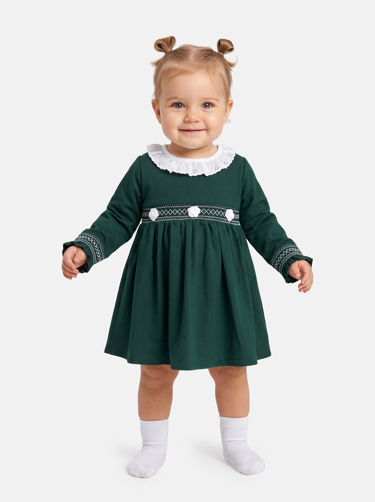 Baby Girl Estela Collection Long Sleeve Smocked Dress - Emerald Green