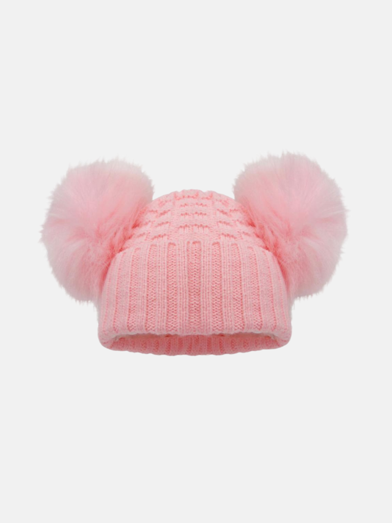 Baby Girl Deluxe Check Knit Double Pom-pom Hat - Pink