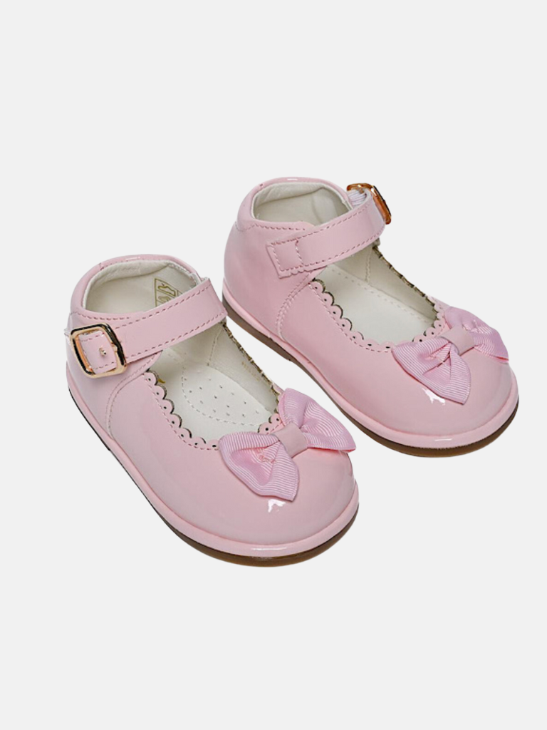 Girls Satin Bow Hard Soled Shoe - Pink