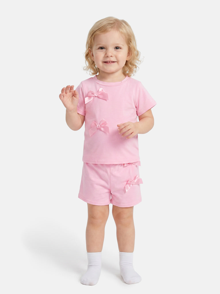 Baby Girl Satin Bow 2-Piece Summer Set - Baby Pink
