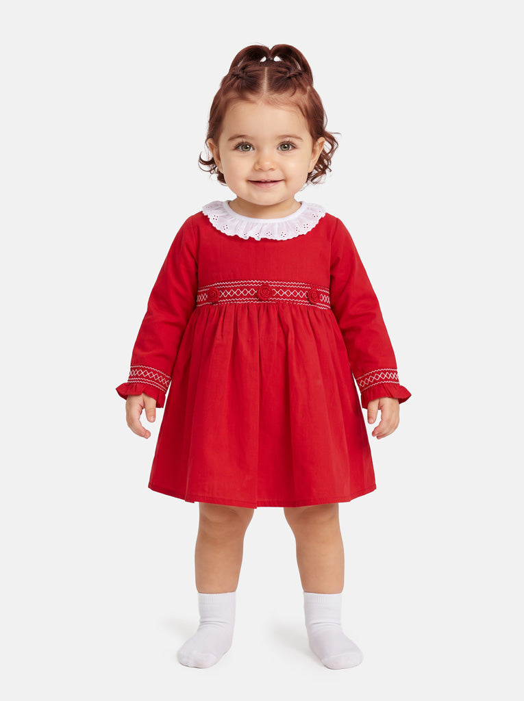 Baby Girl Estela Collection Long Sleeve Smocked Dress - Red
