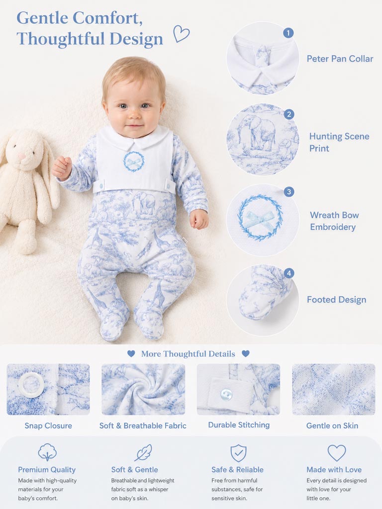 Baby Grow with Embroidered Wreath Safari Collection - Baby Blue