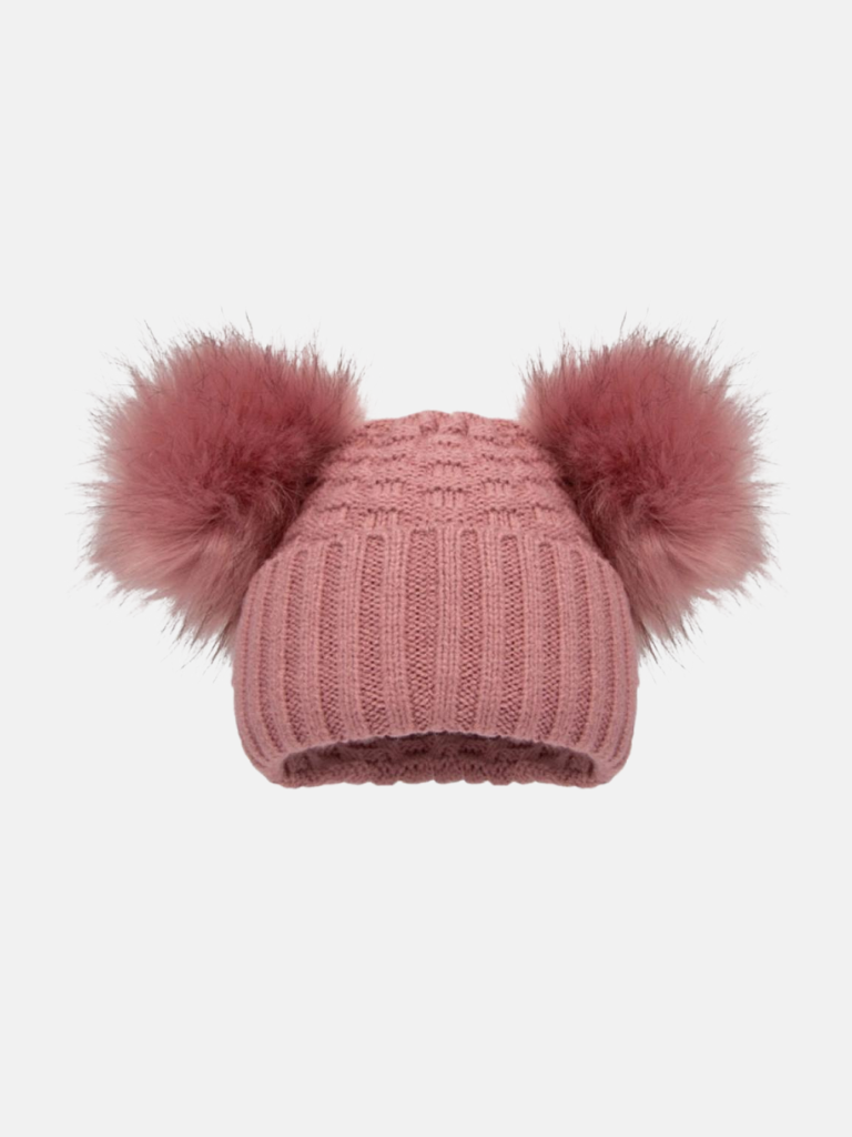 Baby Girl Deluxe Check Knit Double Pom-pom Hat - Dusty Pink