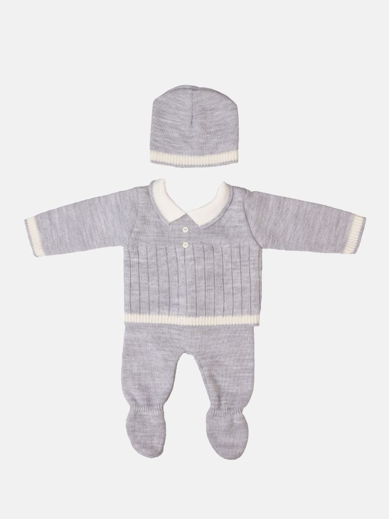Baby Unisex 3-piece Line textured Knitted Gift Box Set with Full Sleeve Top, Trouser with Booties, and Beanie Hat - Grey