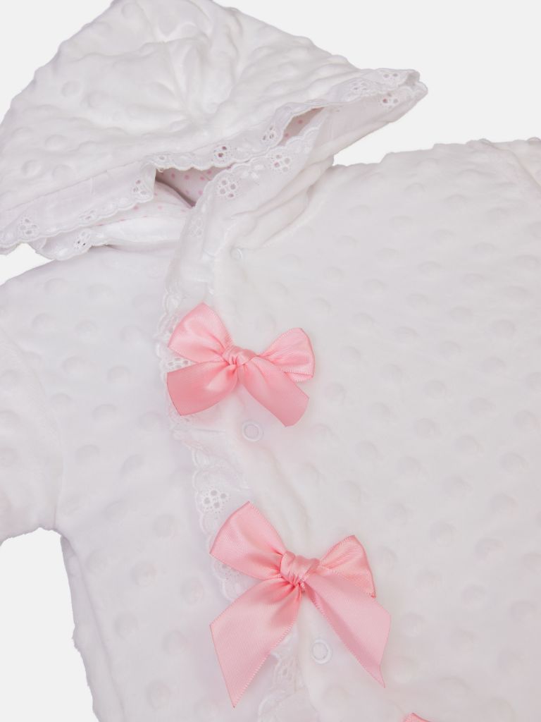 Baby Girl Bubble Hooded Pramsuit with Booties - White