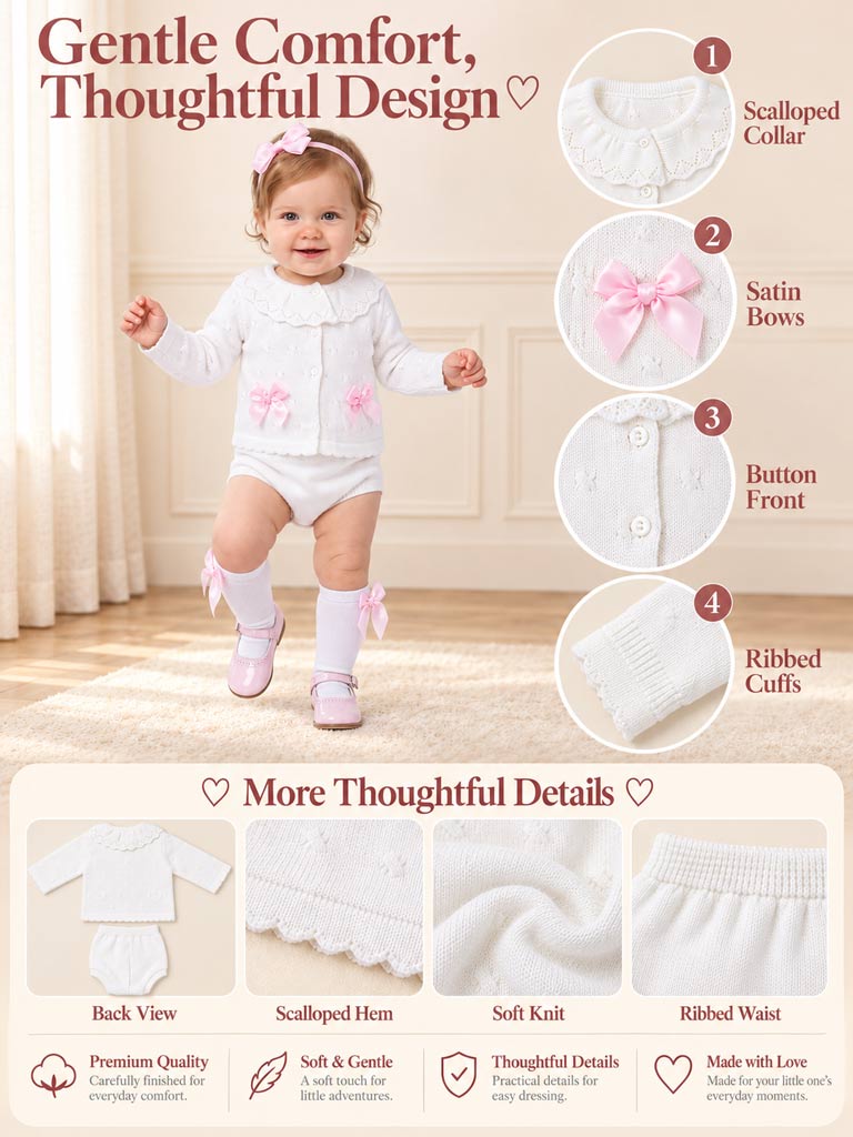 Baby Girl Catarina Collection 2-piece Spanish Knitted Set - White & Baby Pink
