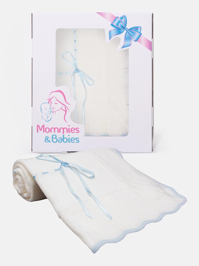 Baby Spanish Shawl with Coloured Scalloped Hem and Satin Ribbon - Baby Blue
