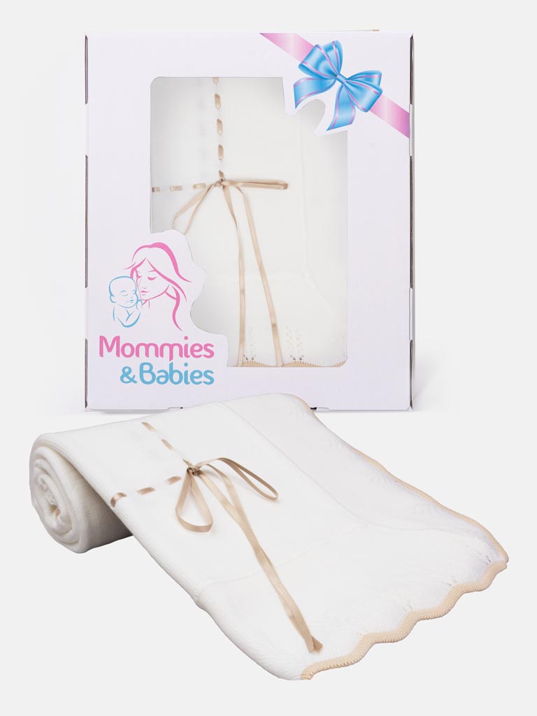 Baby Spanish Shawl with Coloured Scalloped Hem and Satin Ribbon - Beige
