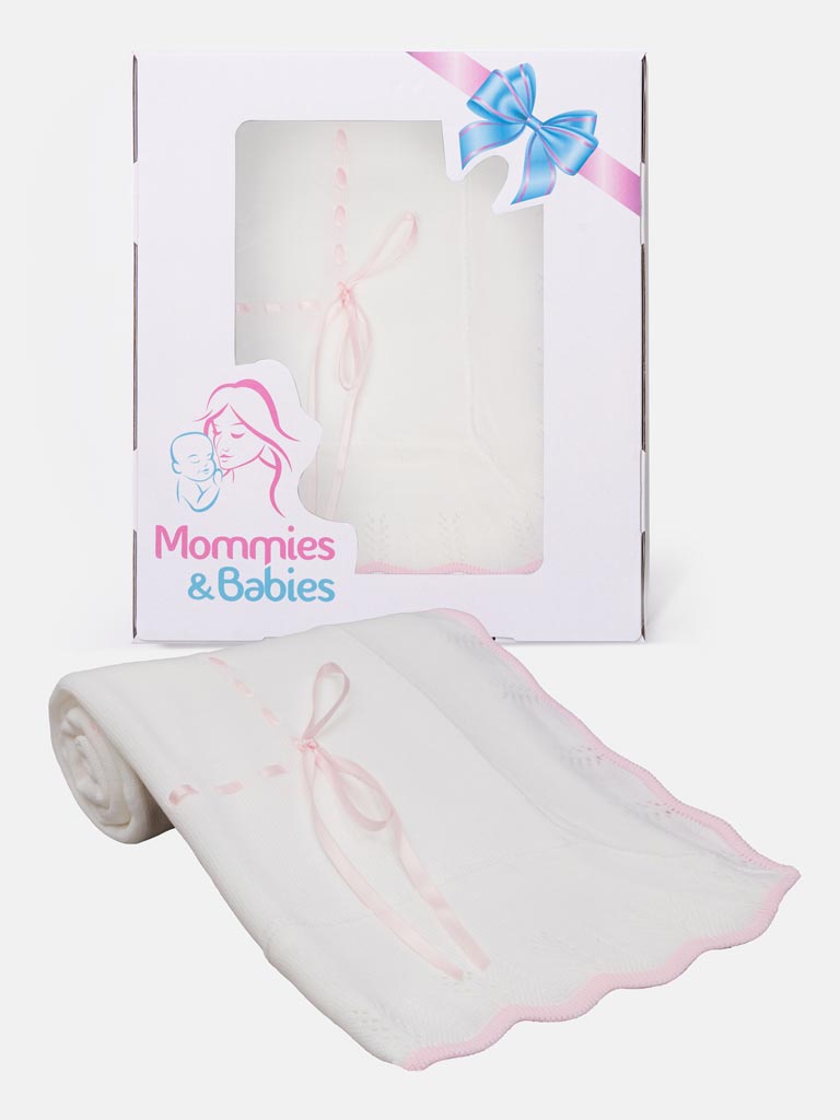Baby Spanish Shawl with Coloured Scalloped Hem and Satin Ribbon - Baby Pink
