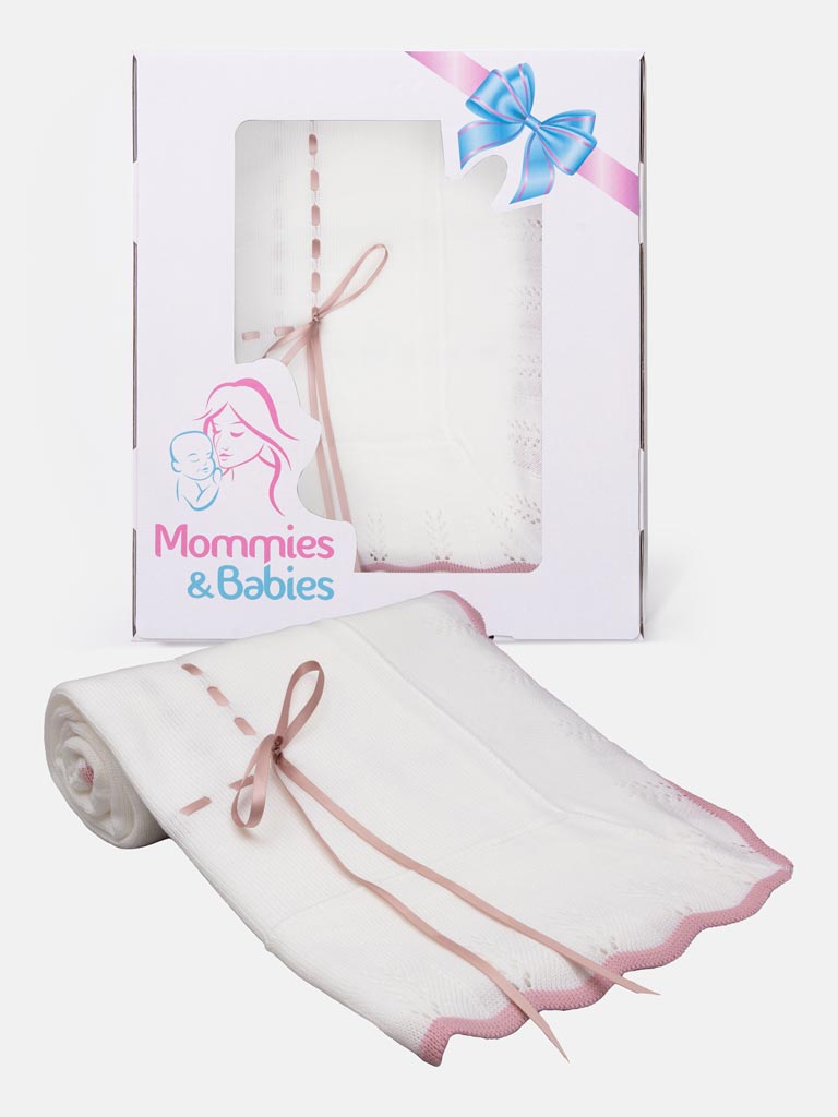 Baby Spanish Shawl with Coloured Scalloped Hem and Satin Ribbon - Dusty Pink