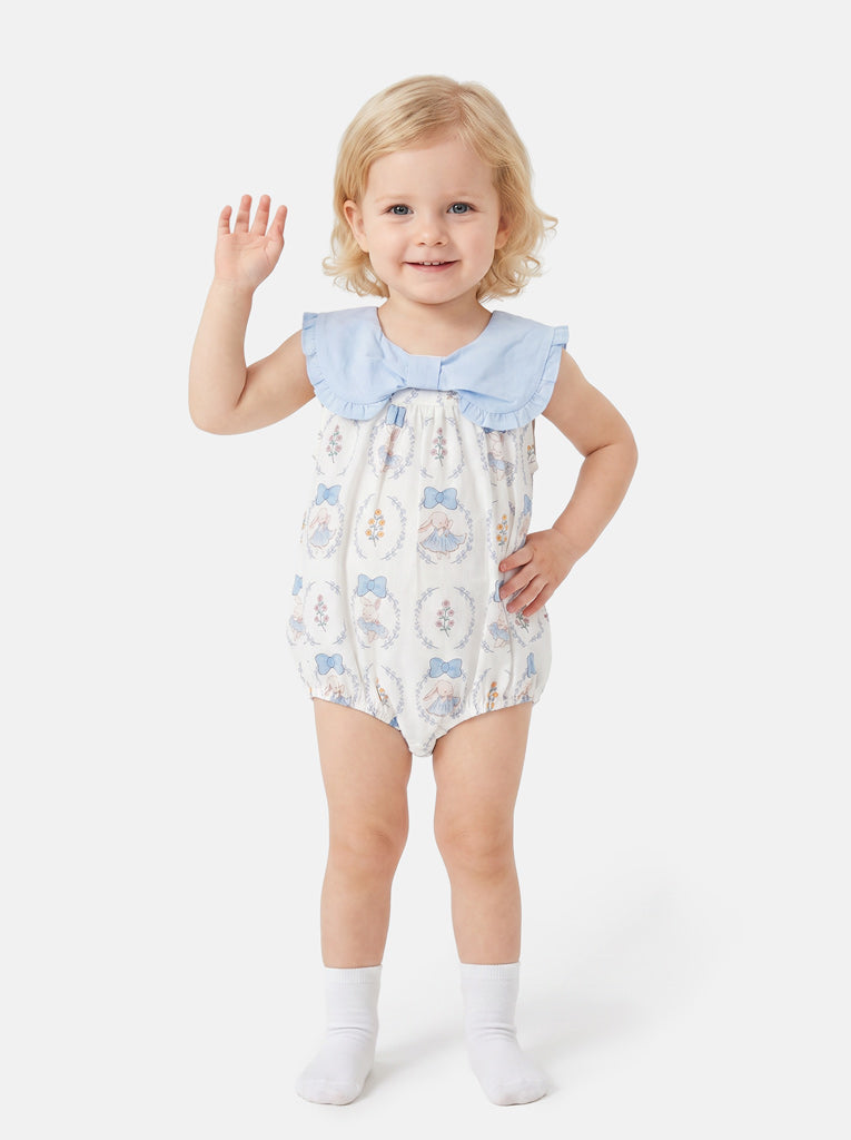 Baby Girl Bunny Print Statement Collar Summer Romper - Baby Blue