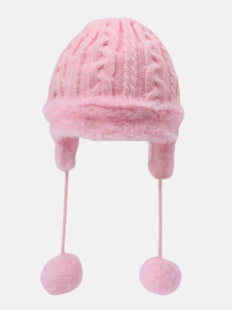 Baby Girl Cable Hat with Fur and Ear Flaps - Pink
