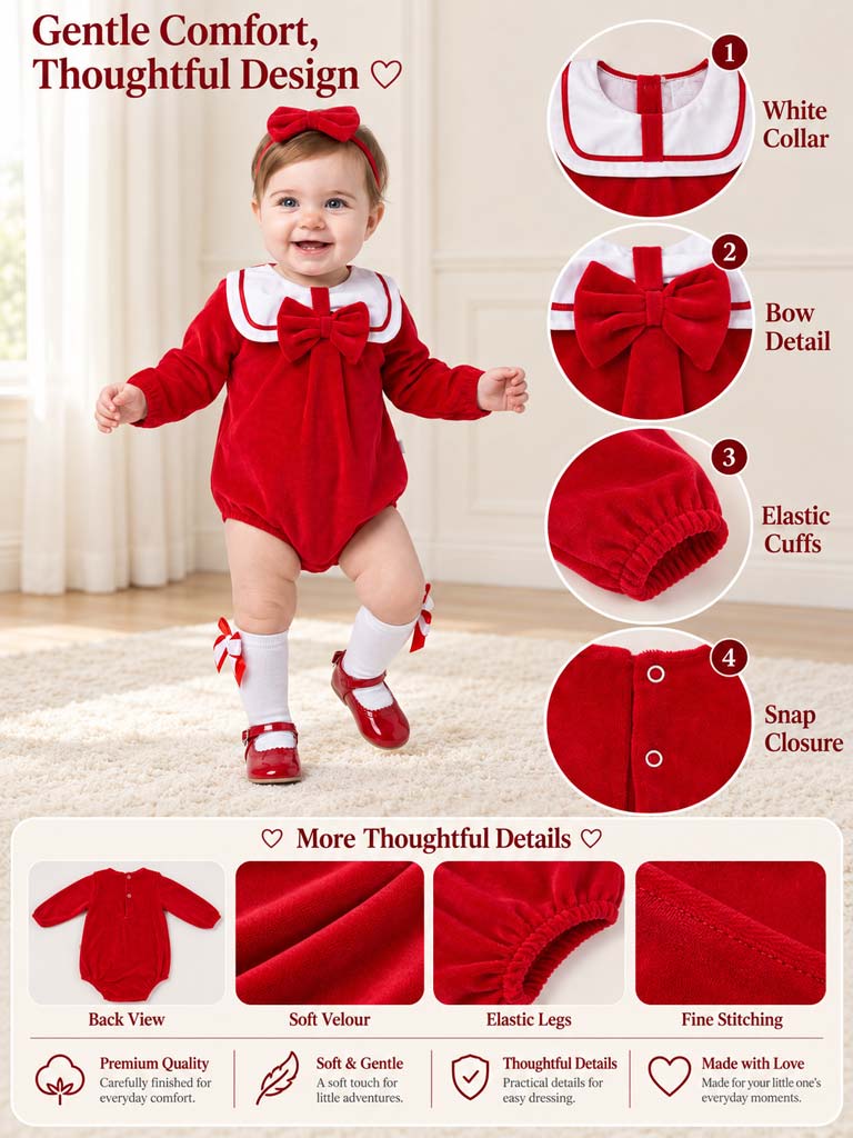 Baby Girl Rosamaria Collection Velour Romper with White Collar - Red