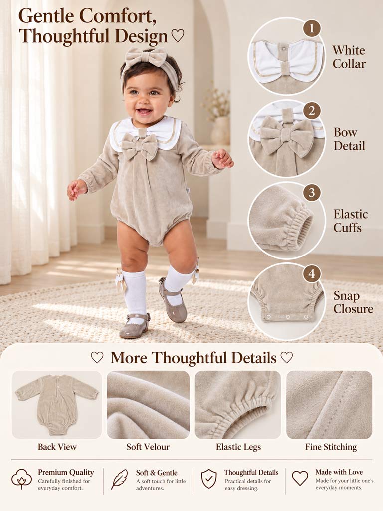Baby Girl Rosamaria Collection Velour Romper with White Collar - Beige