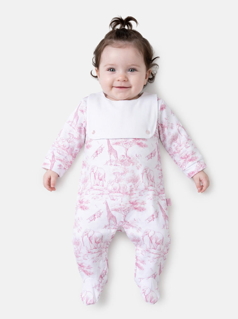 Baby Grow with Attached Bib - Safari Collection - Baby Pink