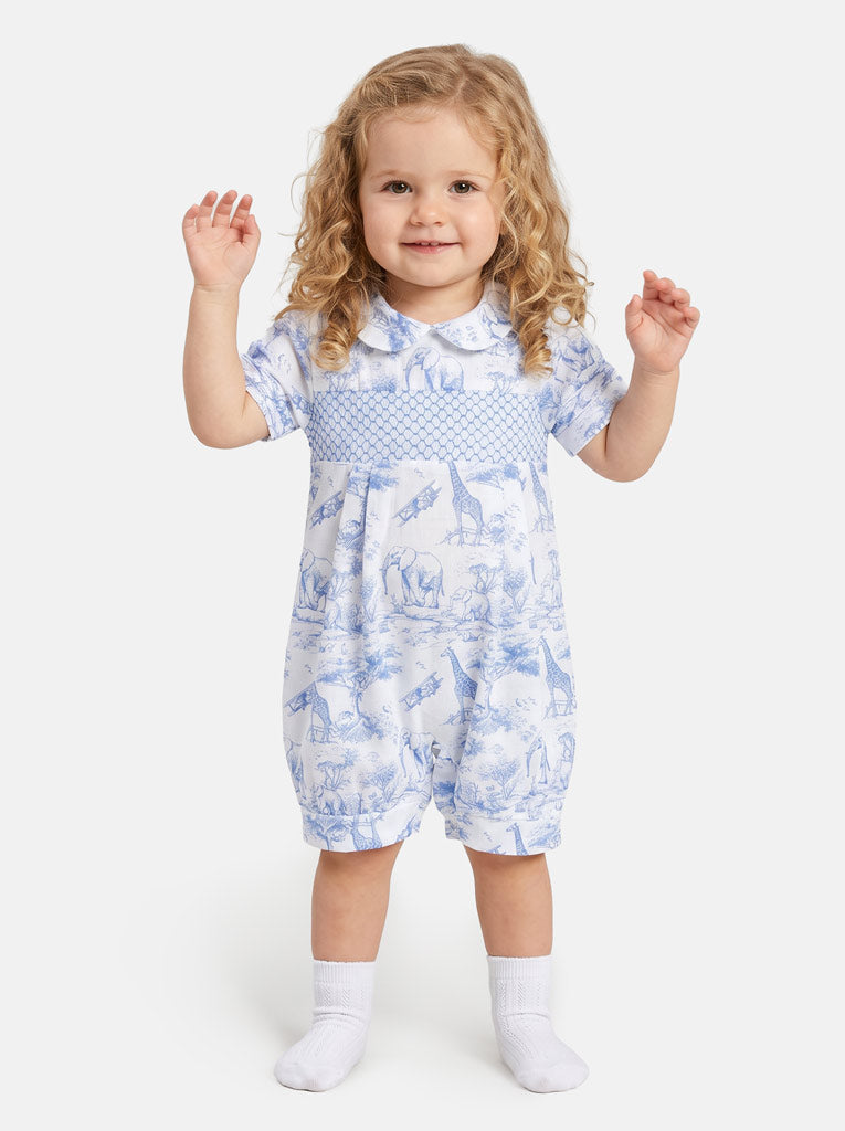 Baby Smocked Summer Romper Safari Collection - Baby Blue