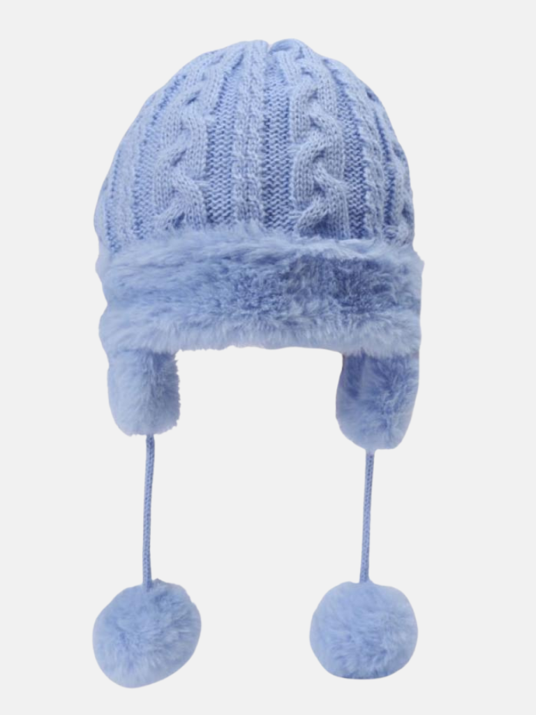 Baby Unisex Cable Hat with Fur and Ear Flaps - Blue