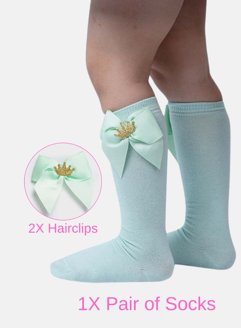 Matching Crown Socks and Hairclips Bundle - Mint Green