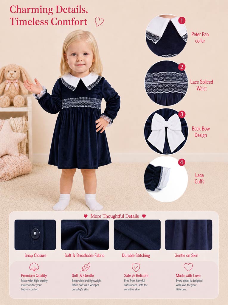 Baby Girl Celeste Collection Velvet Dress - Navy Blue
