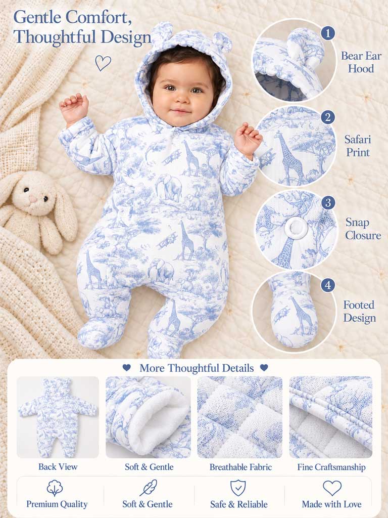 Baby Safari Collection Hooded Footed Pramsuit with Ears - Blue