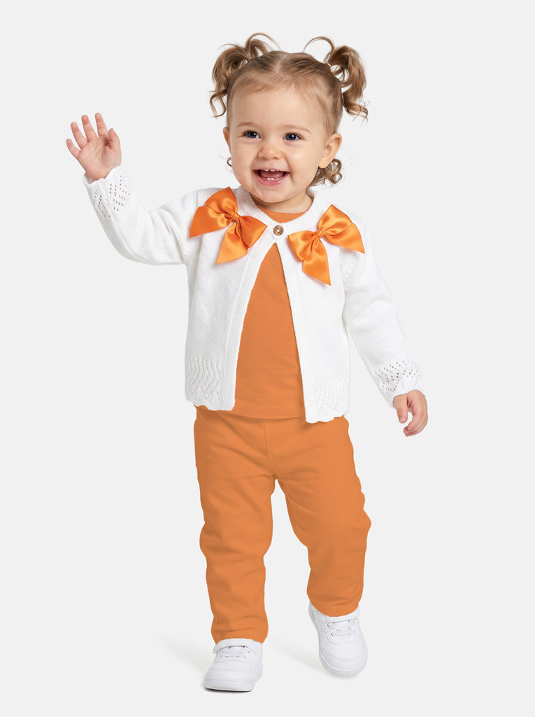Baby Girl Cardigan with 2 Big Bows - White & Orange