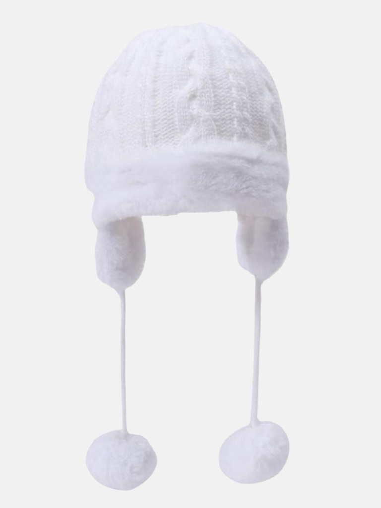 Baby Unisex Cable Hat with Fur and Ear Flaps - White