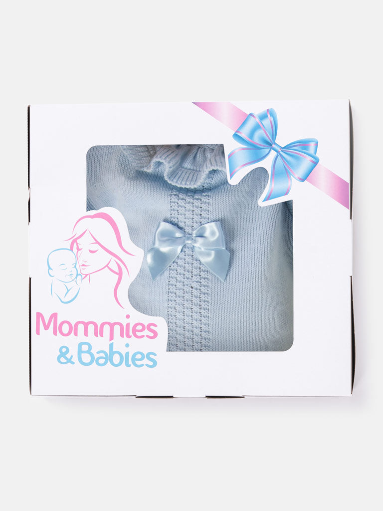 Baby Girl Rosabella Collection 3-piece Knitted Set with Bows and Bonnet - Baby Blue