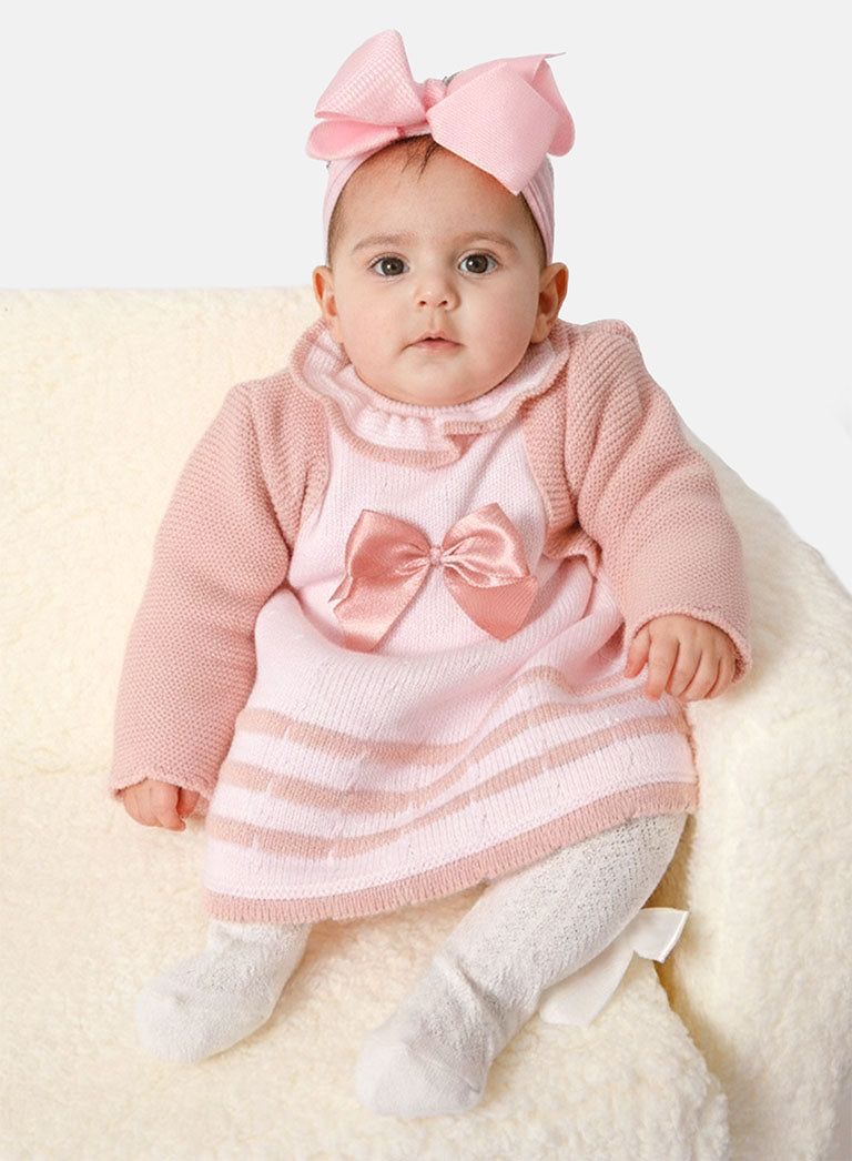 Baby Girl 2-piece Spanish Knitted Dress & Bolero Set - Baby Pink & Dusty Pink