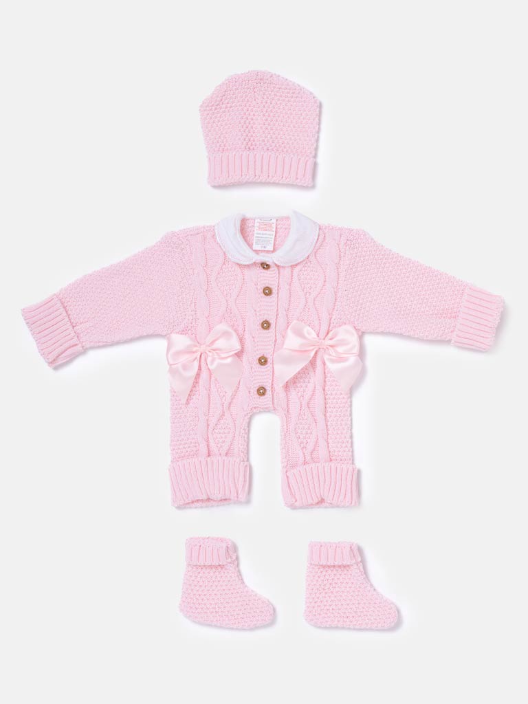 Baby Girl All-In-One Knitted 3-Piece Set with Bows - Baby Pink
