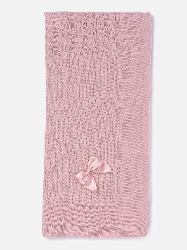 Baby Knitted Spanish Blanket with Satin Bow - Rose Pink
