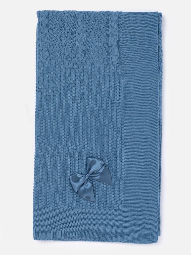 Baby Knitted Spanish Blanket with Satin Bow - Blue