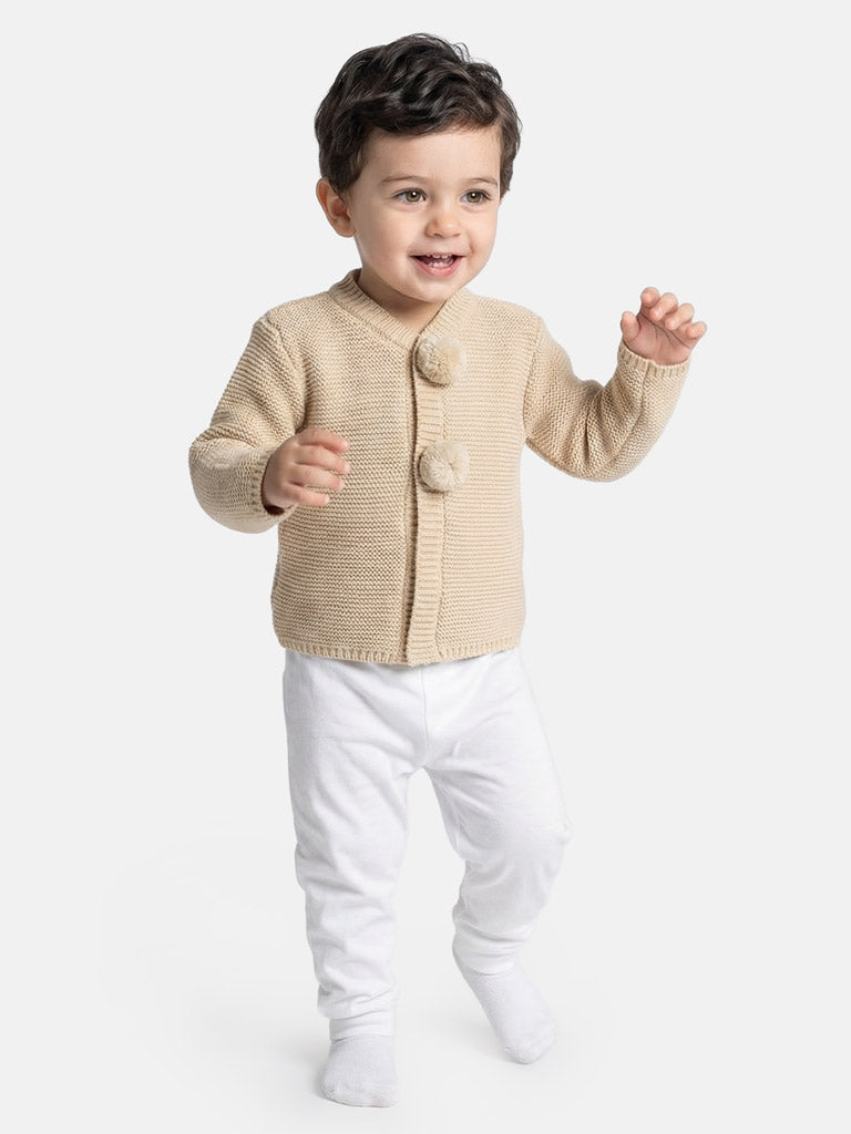 Baby Boy Knitted Cardigan with Pom-Poms - Beige