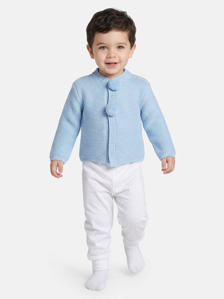 Baby Boy Knitted Cardigan with Pom-Poms - Baby Blue
