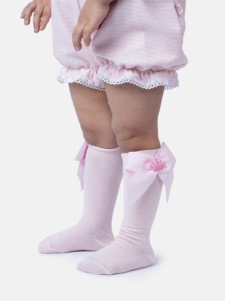 Baby Girl Knee Socks with Satin Bow and Crown - Baby Pink