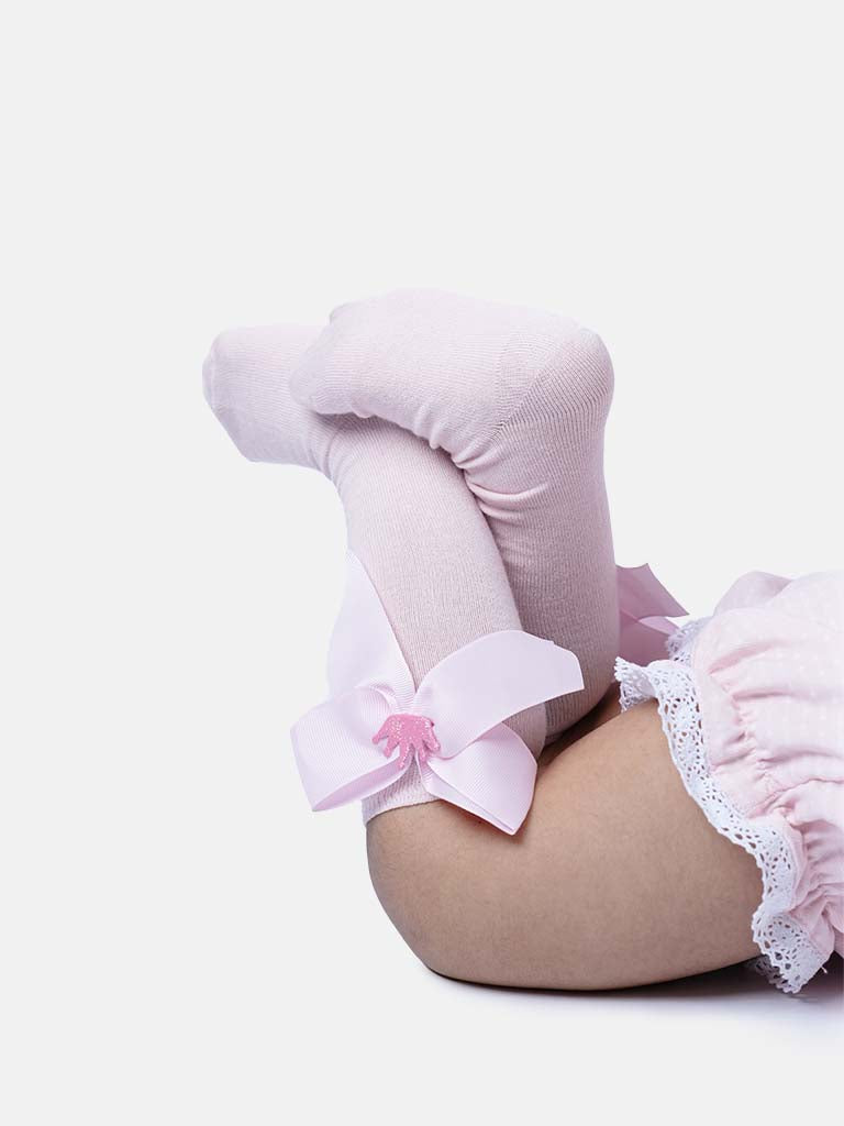 Baby Girl Knee Socks with Satin Bow and Crown - Baby Pink