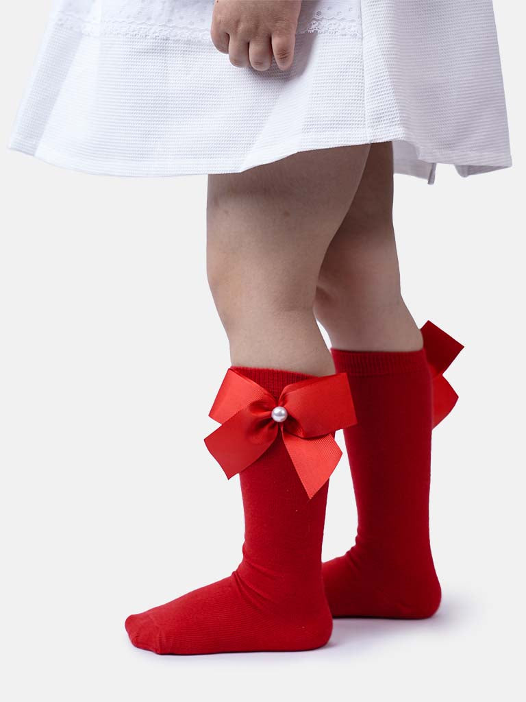 Baby Girl Knee Socks with Satin Bow and Pearl - Red