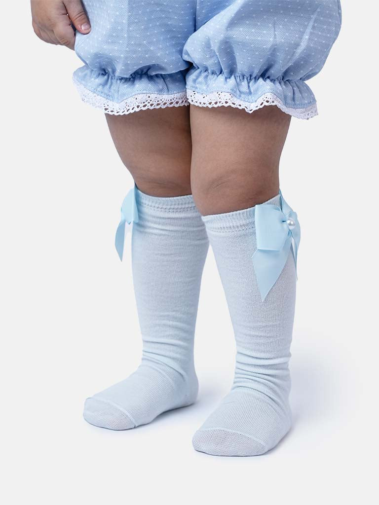 Baby Girl Knee Socks with Satin Bow and Pearl - Baby Blue