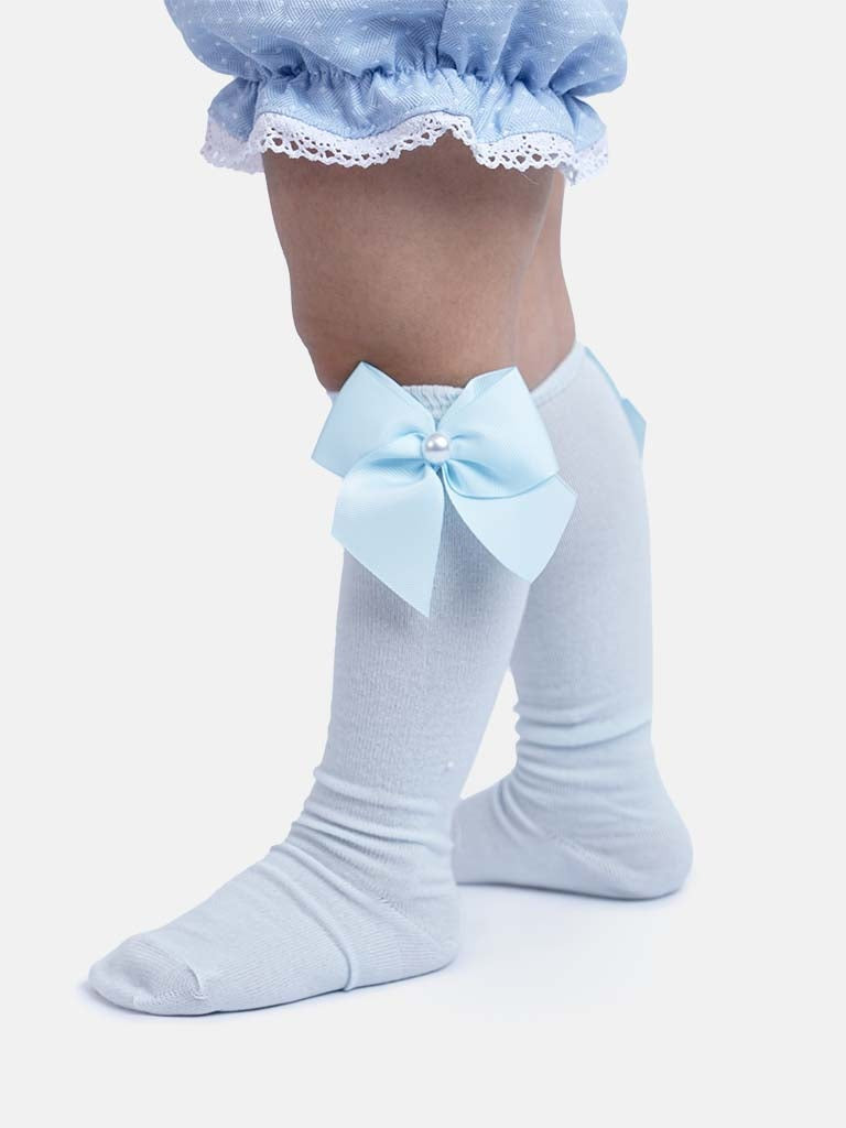 Baby Girl Knee Socks with Satin Bow and Pearl - Baby Blue