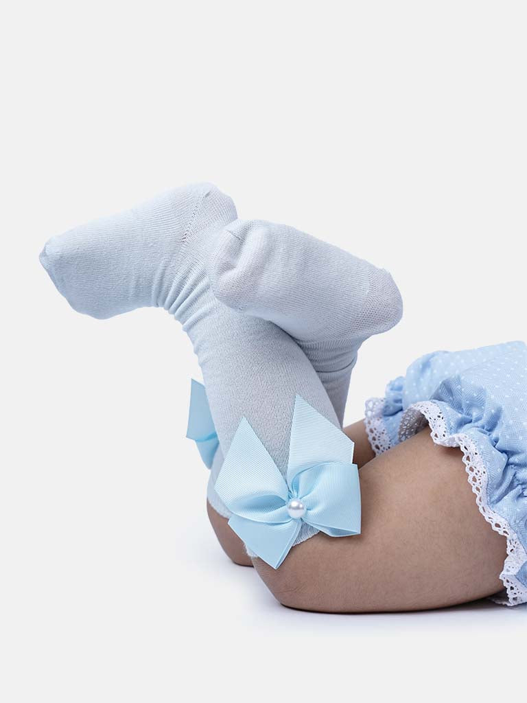 Baby Girl Knee Socks with Satin Bow and Pearl - Baby Blue